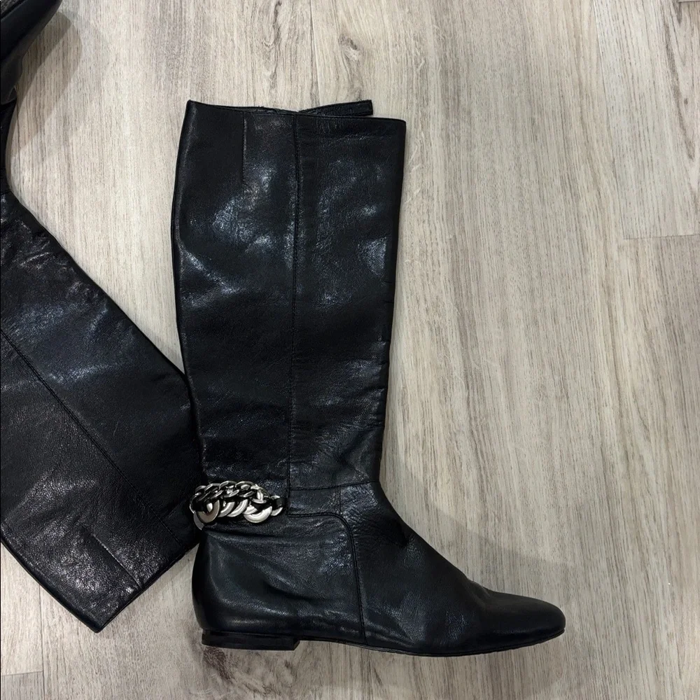 Calvin Klein Martha  Black Leather Knee-High Boots with Chain Detail size 5.5